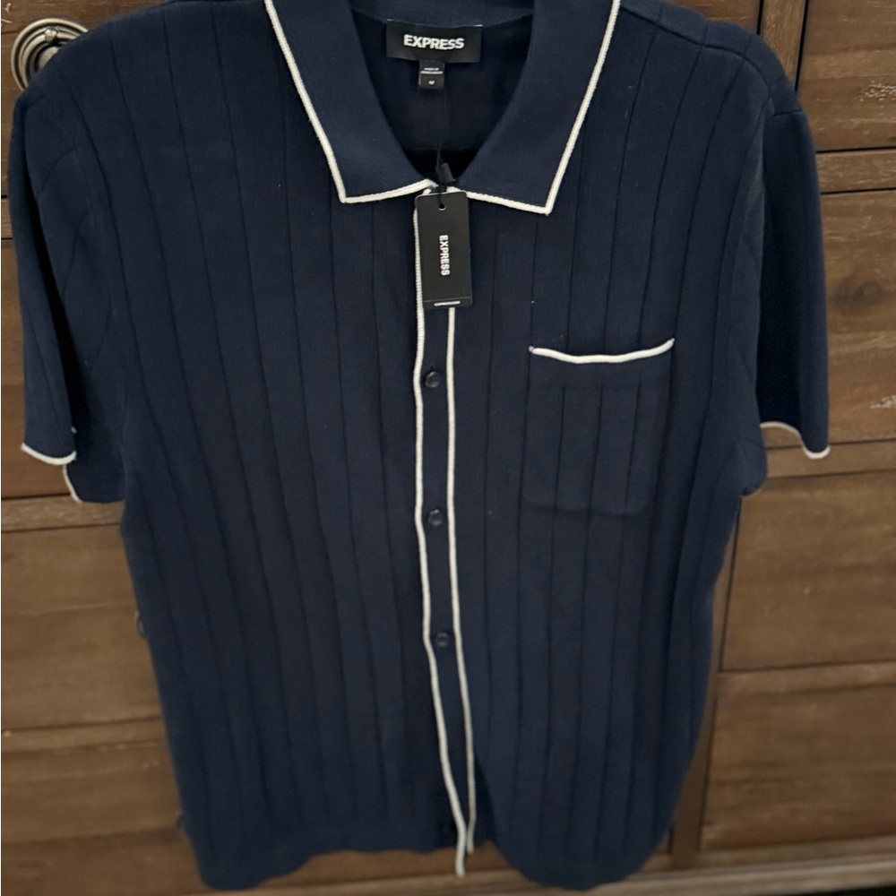 Express Dark Blue Knit Shirt with White Accents